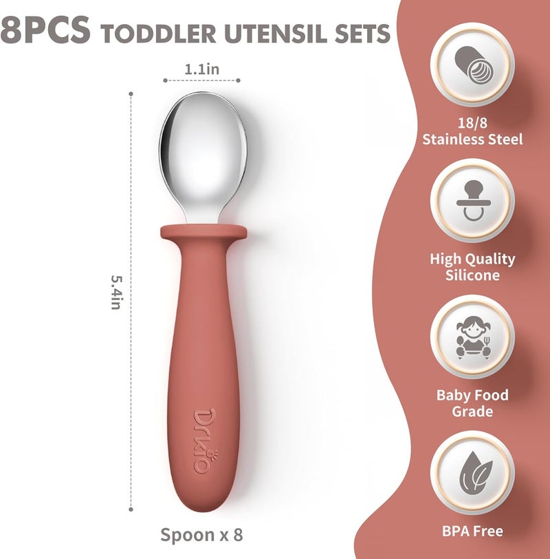 DRKIO 8 PCS Toddler Spoons Set - Baby Spoons with Silicone Handle Children safe 18/8 Stainless Steel Toddler Utensils Set for Self Feeding Kids Silverware Anti-Choke Design Food Grade Dishwasher Safe - Image 2